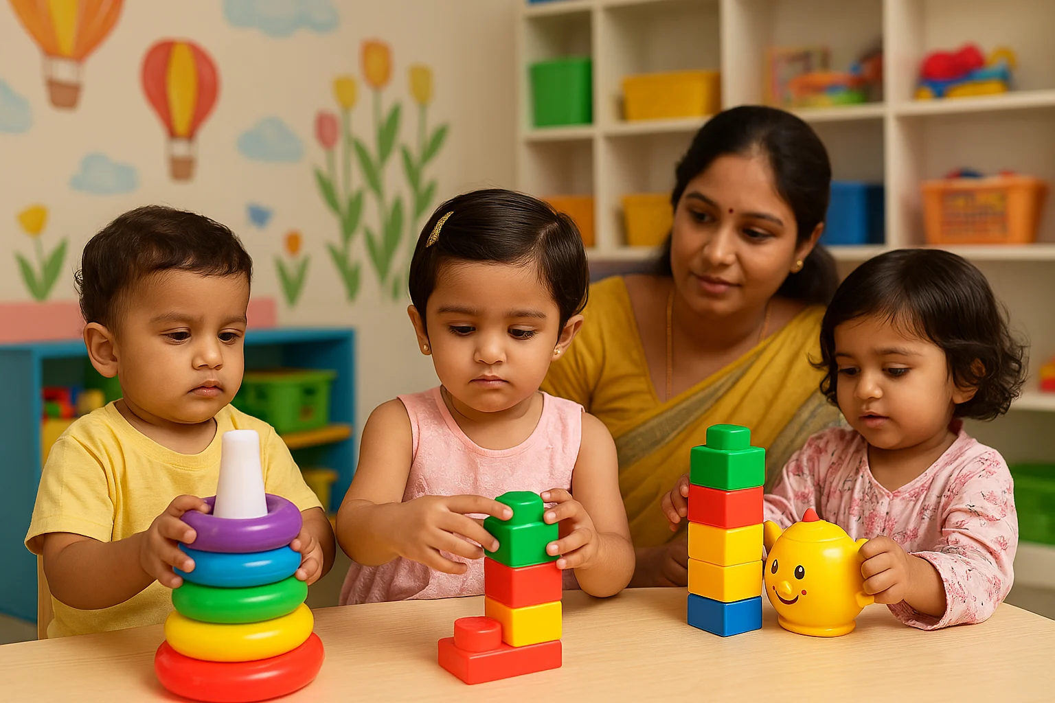 Children playing and interacting in a cozy, indoor daycare in Anna Nagar