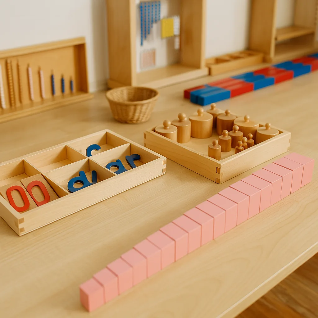Montessori school toys and learning materials neatly arranged on open shelves in a bright, organized preschool classroom in Anna Nagar, Chennai.