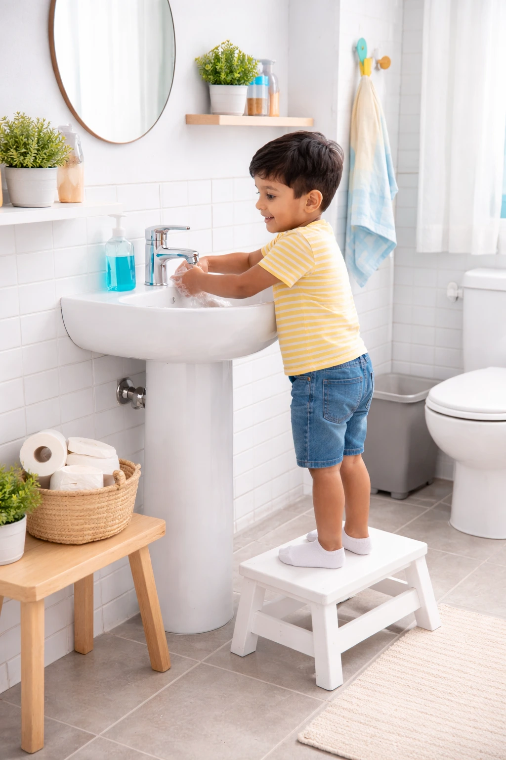 A preschool child using a step stool near a bathroom sink for independent hygiene