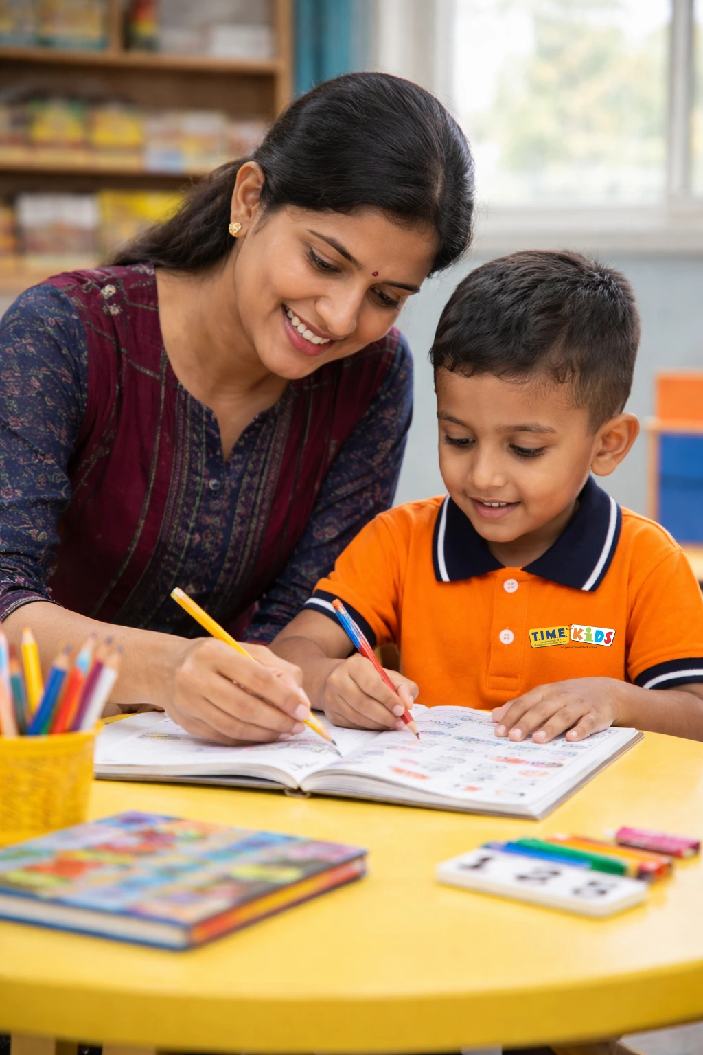 Teacher guiding a child through a learning activity at Time Kids Preschool Anna Nagar