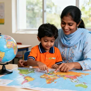 LKG preschool in Anna Nagar child learning world map with teacher during guided activity